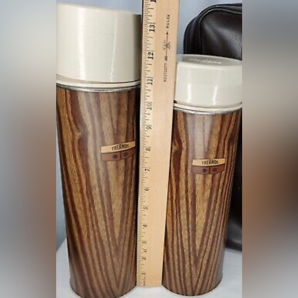 Vintage Thermos Aladdin Sandwich Box Picnic Set  Vinyl Bag -Wood look Thermos - Picture 7 of 7